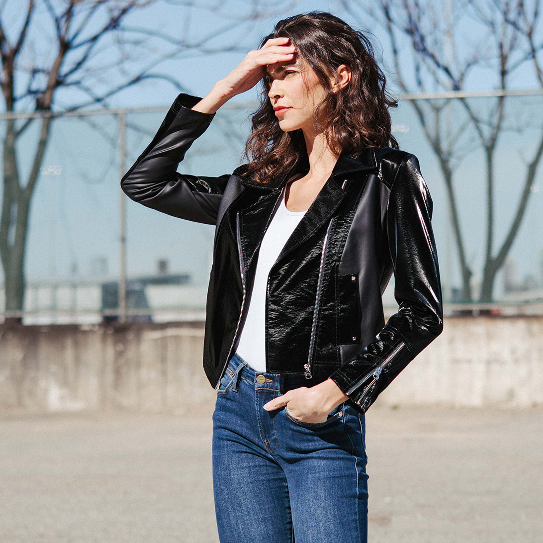 Clara Sunwoo Great Value - Vinyl + Liquid Leather™ Panel Zip Cuff Pocket Jacket - Black - Final Sale