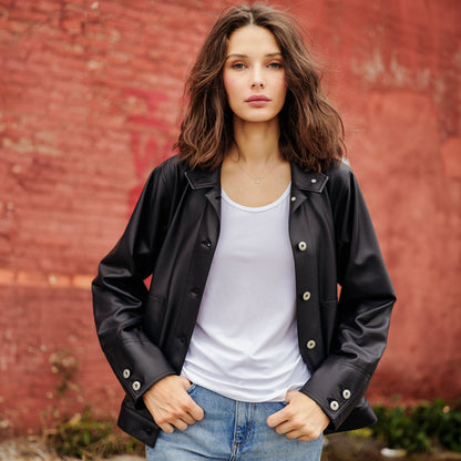 Clara Sunwoo New - Liquid Leather™ Sheen Button Closure Pocket Jacket - Black - Final Sale