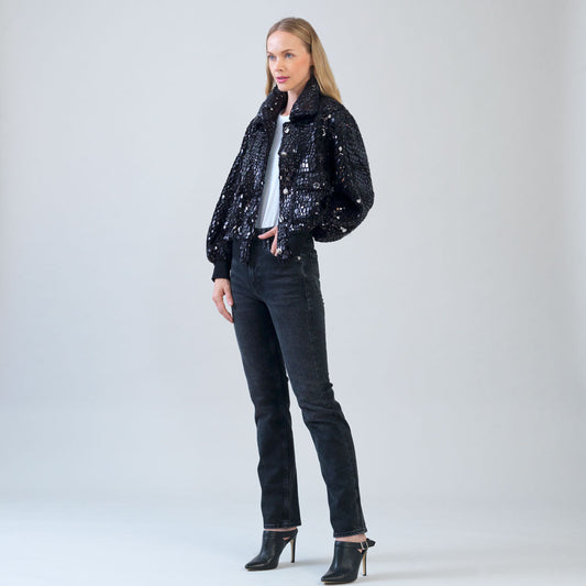 Clara Sunwoo Discount - Crushed Faux Fur - Shimmer Embellished Bomber Jacket - Black - Limited Edition!