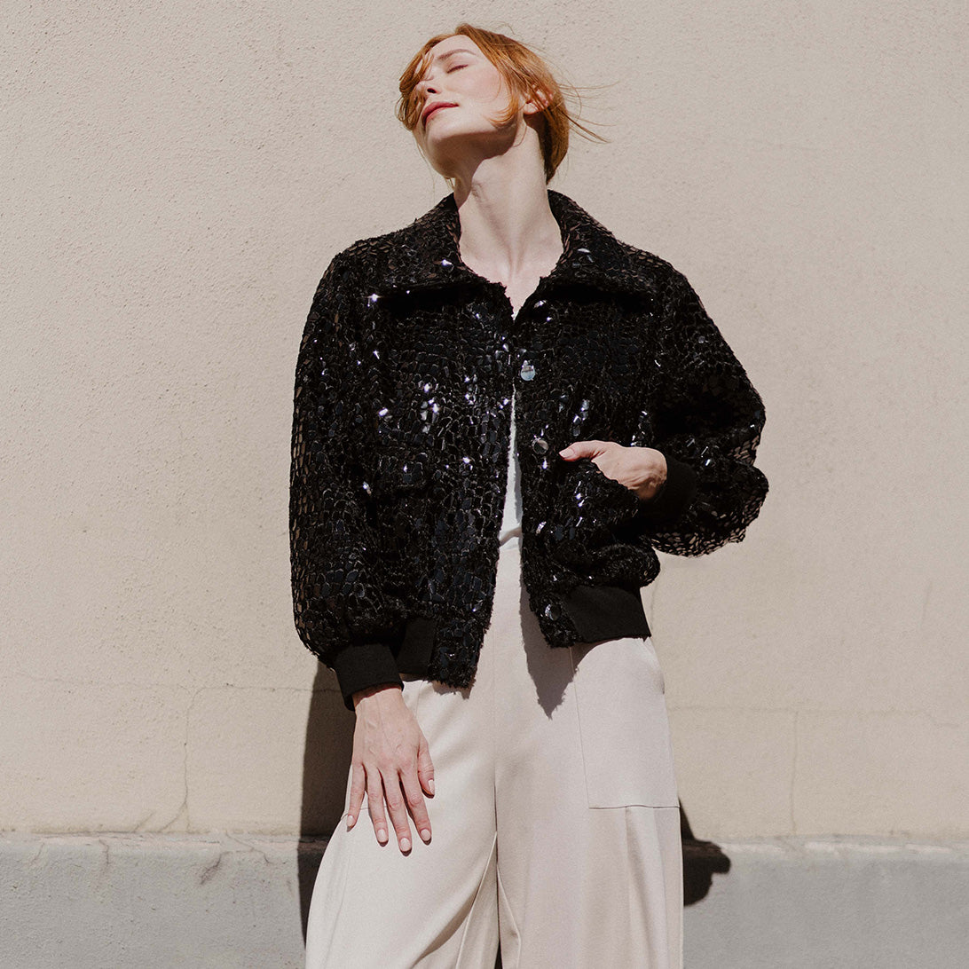 Clara Sunwoo Discount - Crushed Faux Fur - Shimmer Embellished Bomber Jacket - Black - Limited Edition!