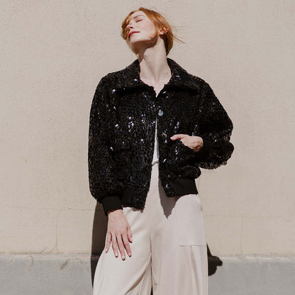 Clara Sunwoo Discount - Crushed Faux Fur - Shimmer Embellished Bomber Jacket - Black - Limited Edition!
