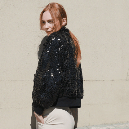 Clara Sunwoo Discount - Crushed Faux Fur - Shimmer Embellished Bomber Jacket - Black - Limited Edition!