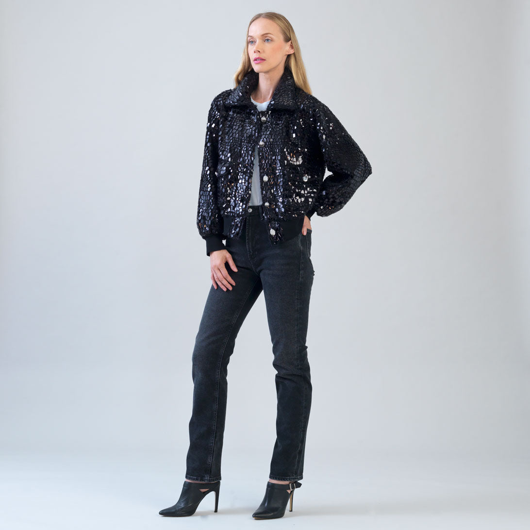 Clara Sunwoo Discount - Crushed Faux Fur - Shimmer Embellished Bomber Jacket - Black - Limited Edition!
