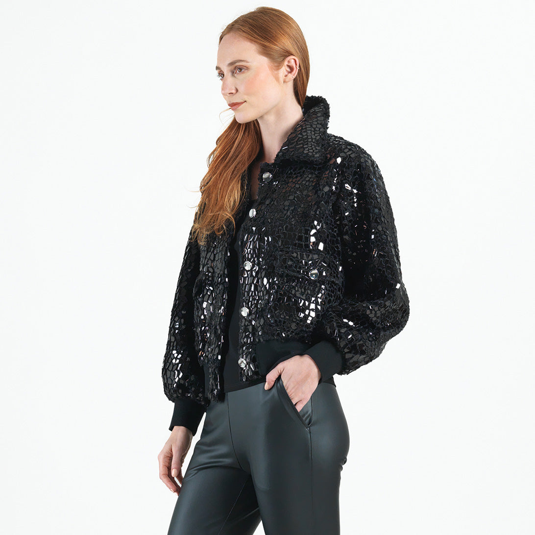 Clara Sunwoo Discount - Crushed Faux Fur - Shimmer Embellished Bomber Jacket - Black - Limited Edition!