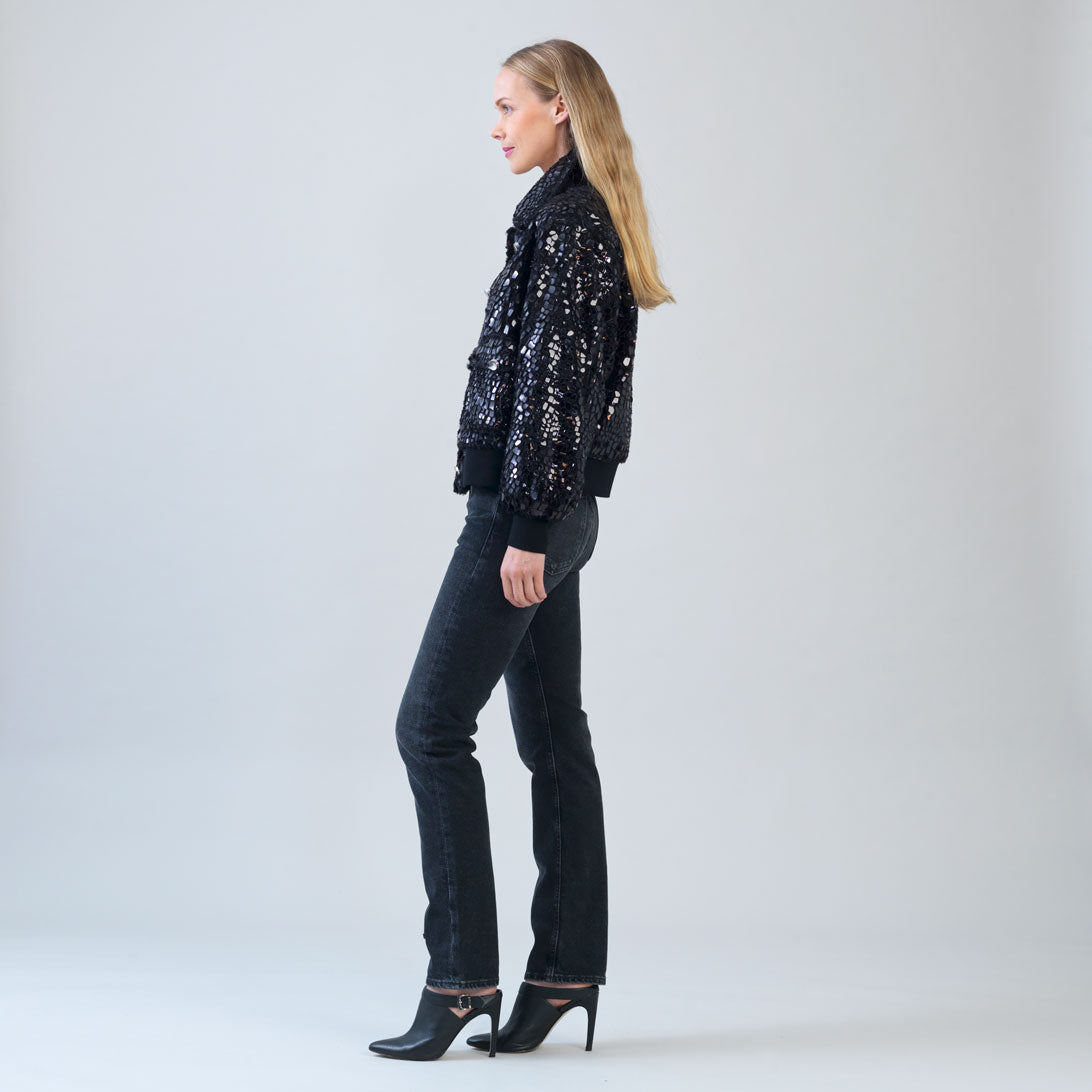 Clara Sunwoo Discount - Crushed Faux Fur - Shimmer Embellished Bomber Jacket - Black - Limited Edition!
