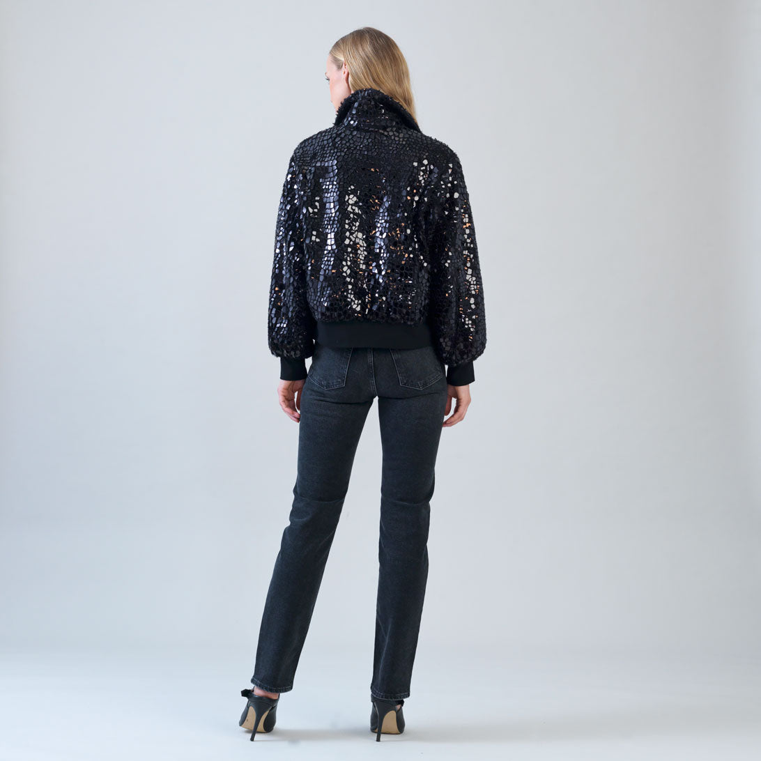 Clara Sunwoo Discount - Crushed Faux Fur - Shimmer Embellished Bomber Jacket - Black - Limited Edition!
