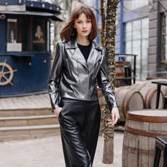 Clara Sunwoo Featured - Vegan Sheen - Zip Cuff Moto Waist Jacket - Gunmetal - Final Sale