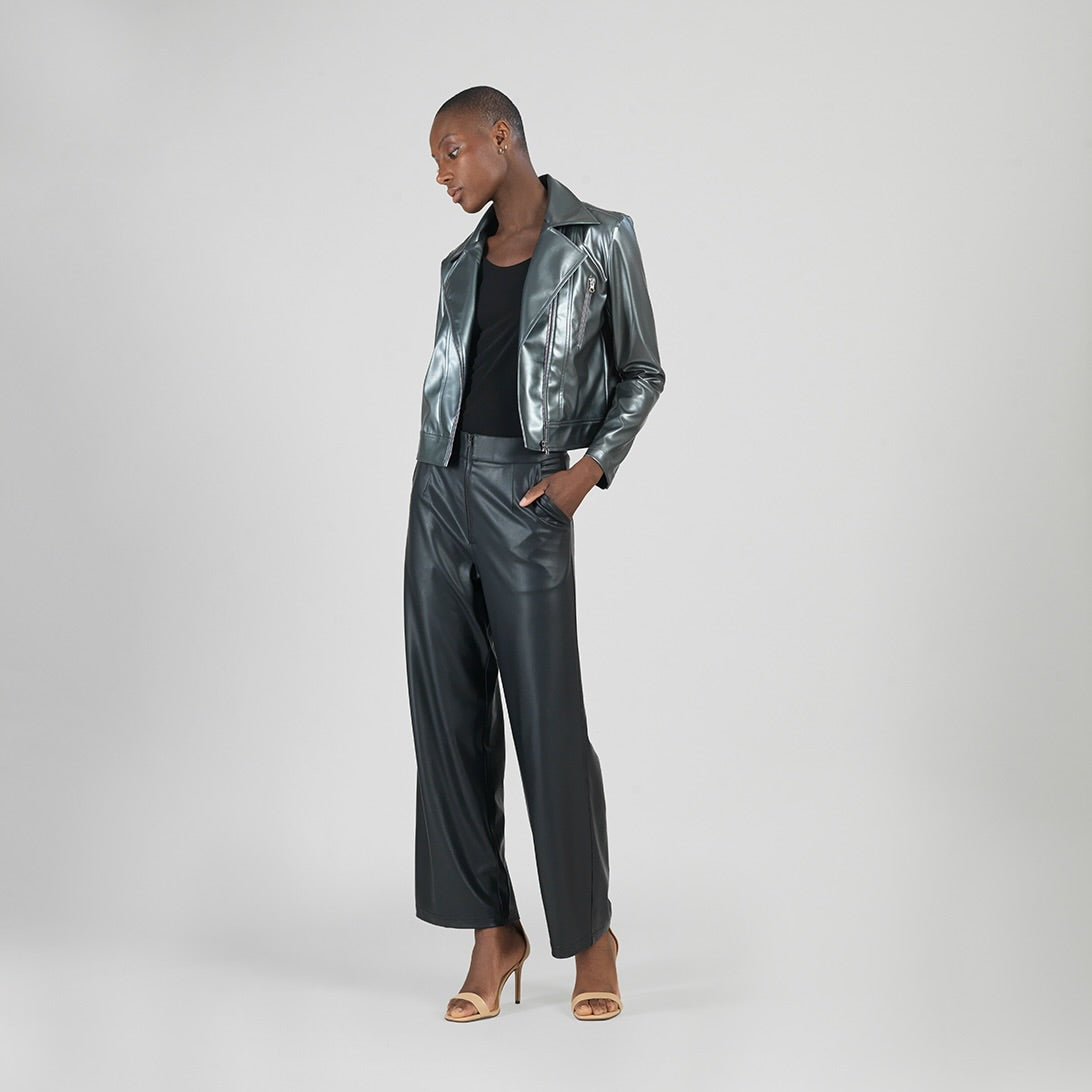 Clara Sunwoo Featured - Vegan Sheen - Zip Cuff Moto Waist Jacket - Gunmetal - Final Sale