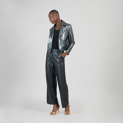 Clara Sunwoo Featured - Vegan Sheen - Zip Cuff Moto Waist Jacket - Gunmetal - Final Sale