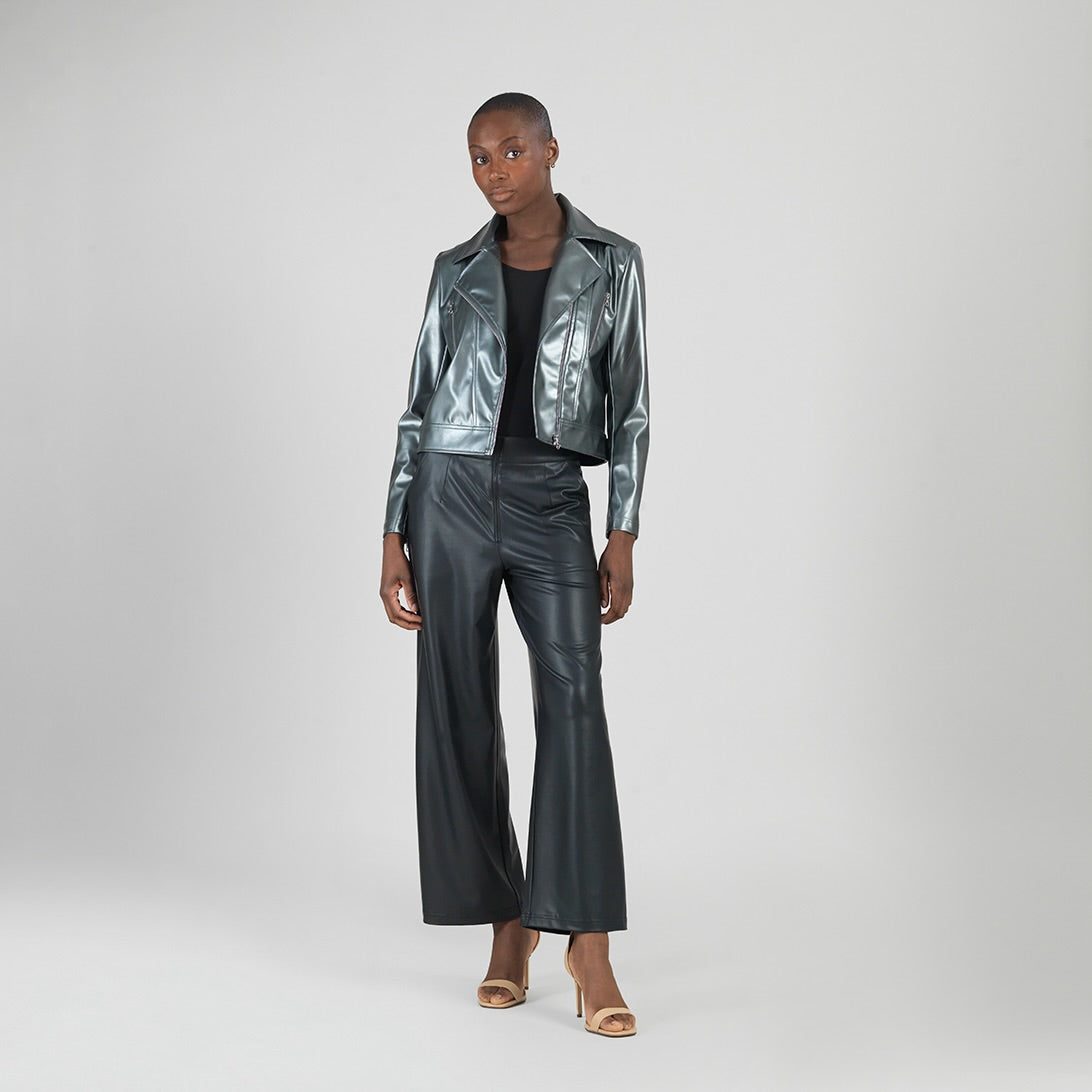 Clara Sunwoo Featured - Vegan Sheen - Zip Cuff Moto Waist Jacket - Gunmetal - Final Sale