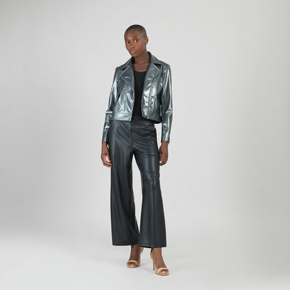 Clara Sunwoo Featured - Vegan Sheen - Zip Cuff Moto Waist Jacket - Gunmetal - Final Sale