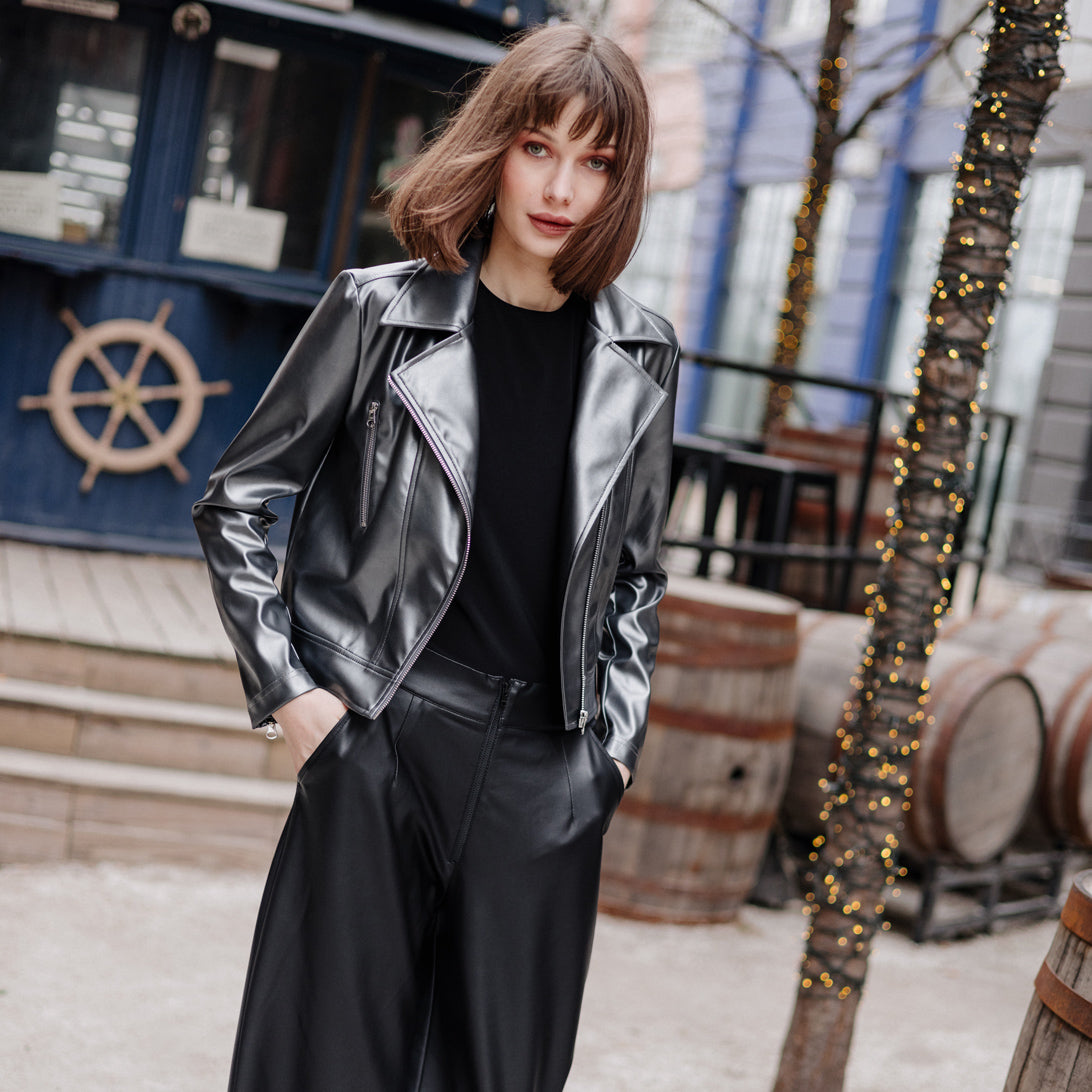 Clara Sunwoo Featured - Vegan Sheen - Zip Cuff Moto Waist Jacket - Gunmetal - Final Sale