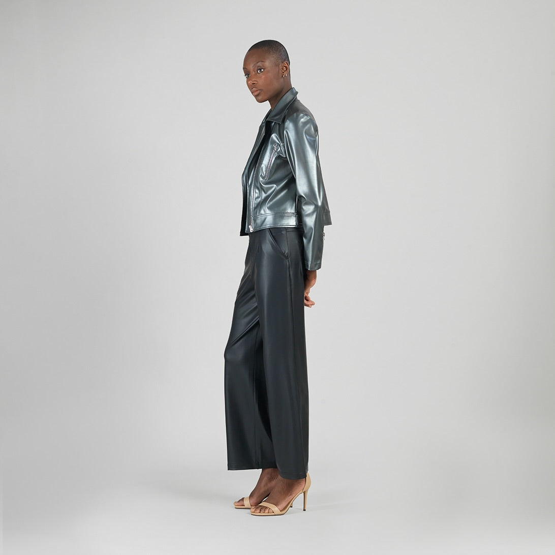 Clara Sunwoo Featured - Vegan Sheen - Zip Cuff Moto Waist Jacket - Gunmetal - Final Sale