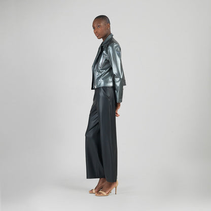 Clara Sunwoo Featured - Vegan Sheen - Zip Cuff Moto Waist Jacket - Gunmetal - Final Sale