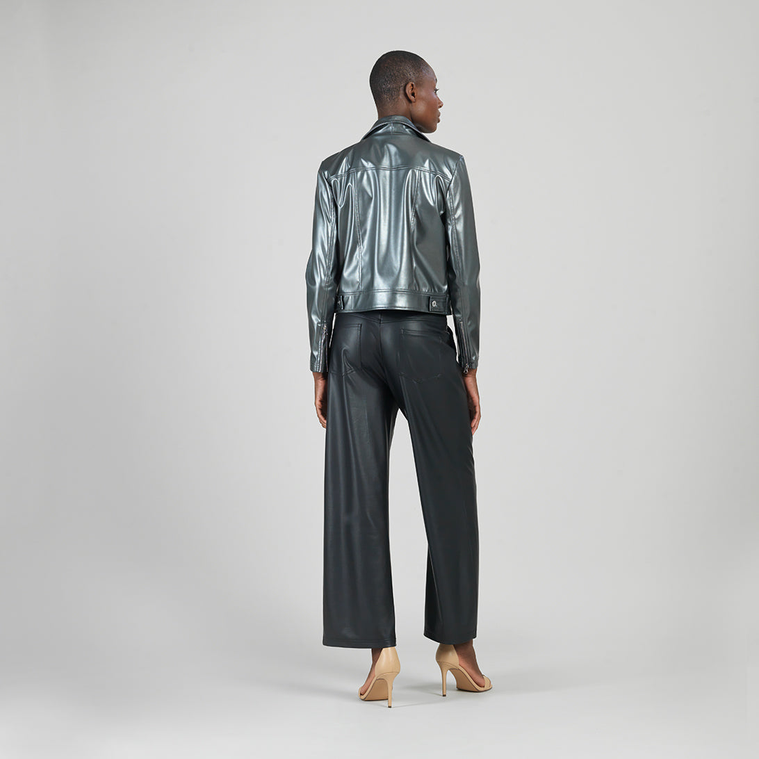 Clara Sunwoo Featured - Vegan Sheen - Zip Cuff Moto Waist Jacket - Gunmetal - Final Sale