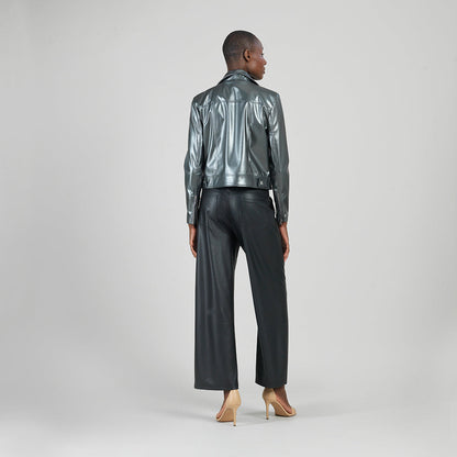 Clara Sunwoo Featured - Vegan Sheen - Zip Cuff Moto Waist Jacket - Gunmetal - Final Sale
