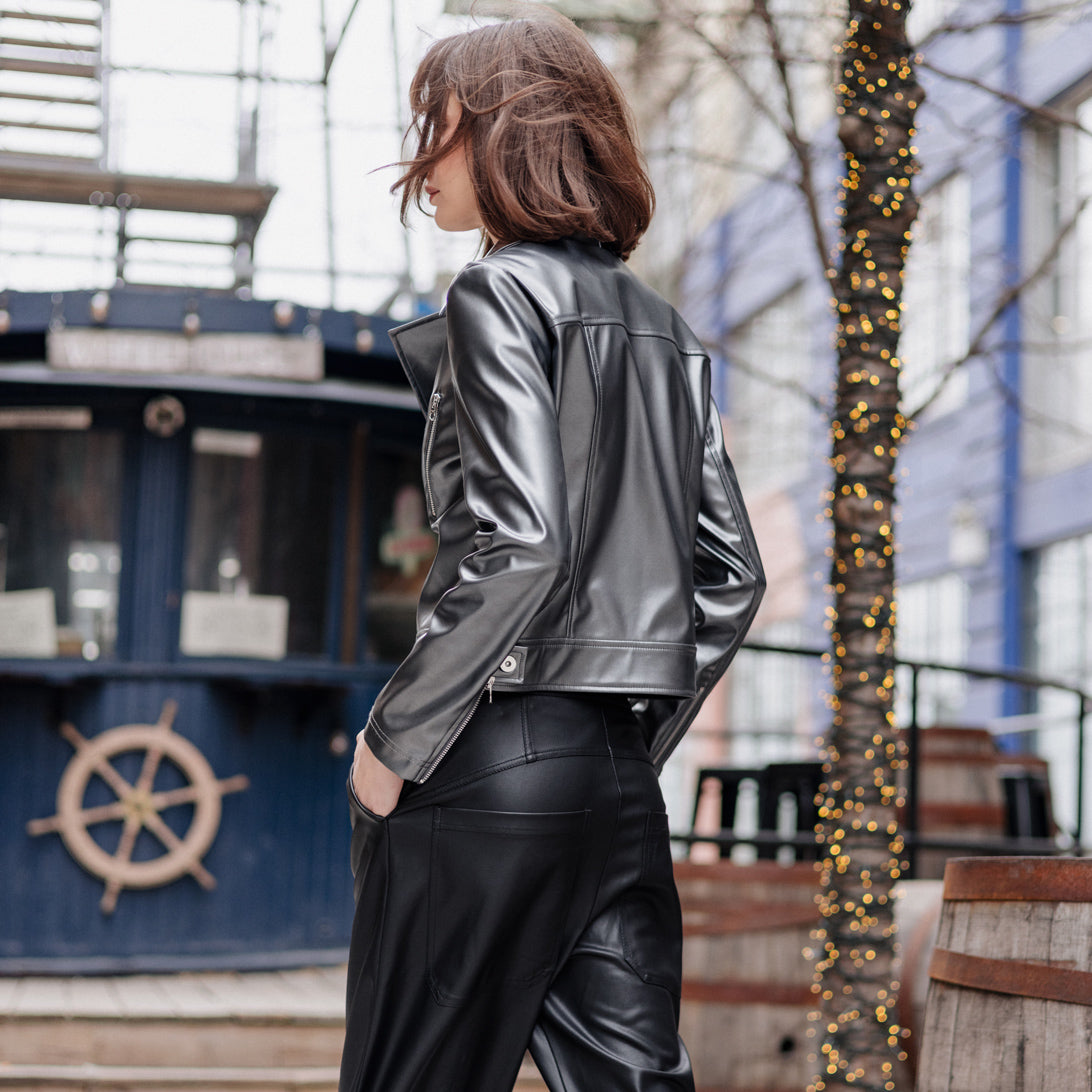 Clara Sunwoo Featured - Vegan Sheen - Zip Cuff Moto Waist Jacket - Gunmetal - Final Sale