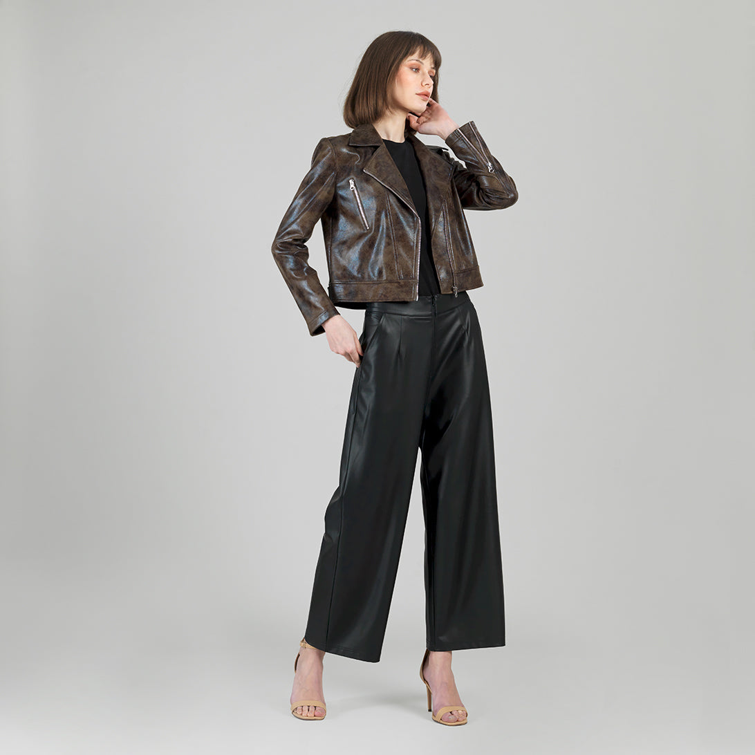 Clara Sunwoo Featured - Vegan Leather - Distressed Zip Cuff Moto Waist Jacket - Brown - Final Sale