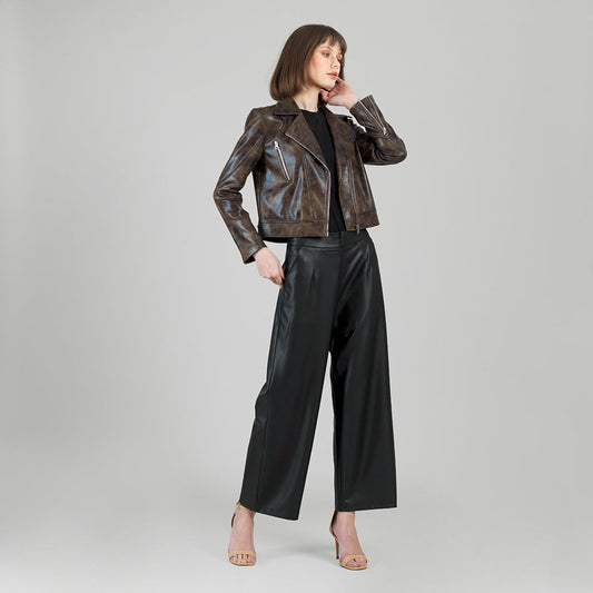 Clara Sunwoo Featured - Vegan Leather - Distressed Zip Cuff Moto Waist Jacket - Brown - Final Sale