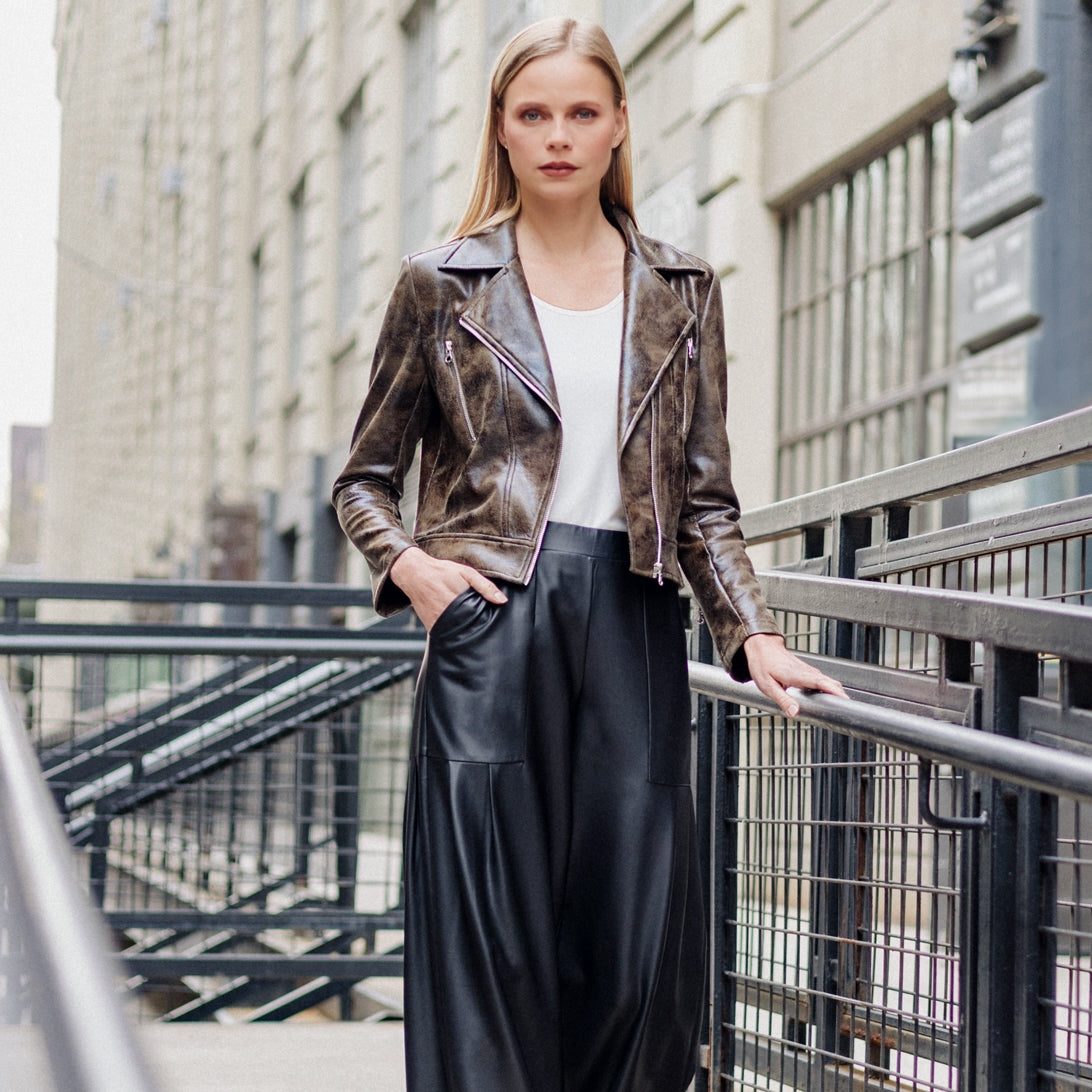 Clara Sunwoo Featured - Vegan Leather - Distressed Zip Cuff Moto Waist Jacket - Brown - Final Sale