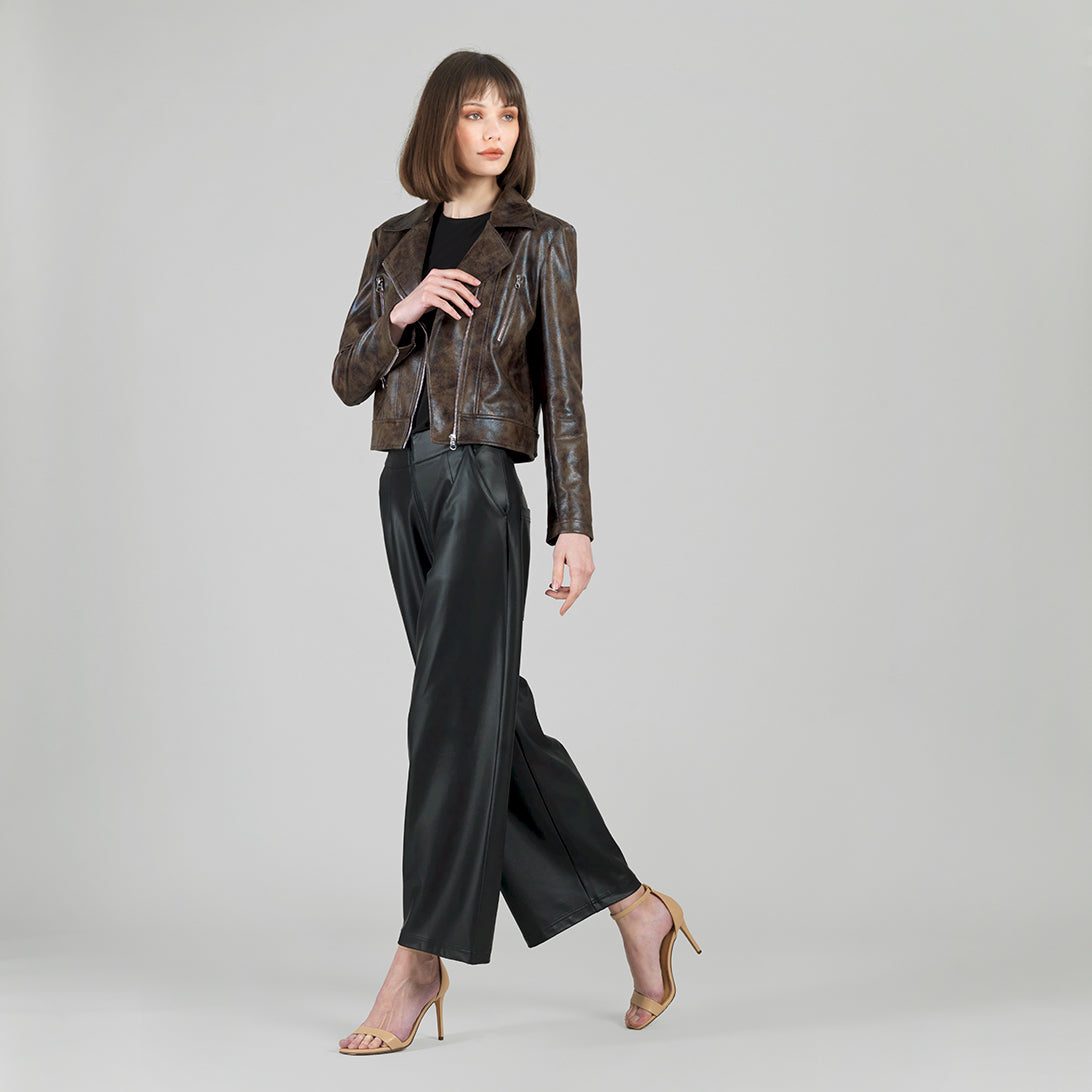 Clara Sunwoo Featured - Vegan Leather - Distressed Zip Cuff Moto Waist Jacket - Brown - Final Sale