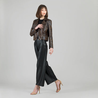 Clara Sunwoo Featured - Vegan Leather - Distressed Zip Cuff Moto Waist Jacket - Brown - Final Sale