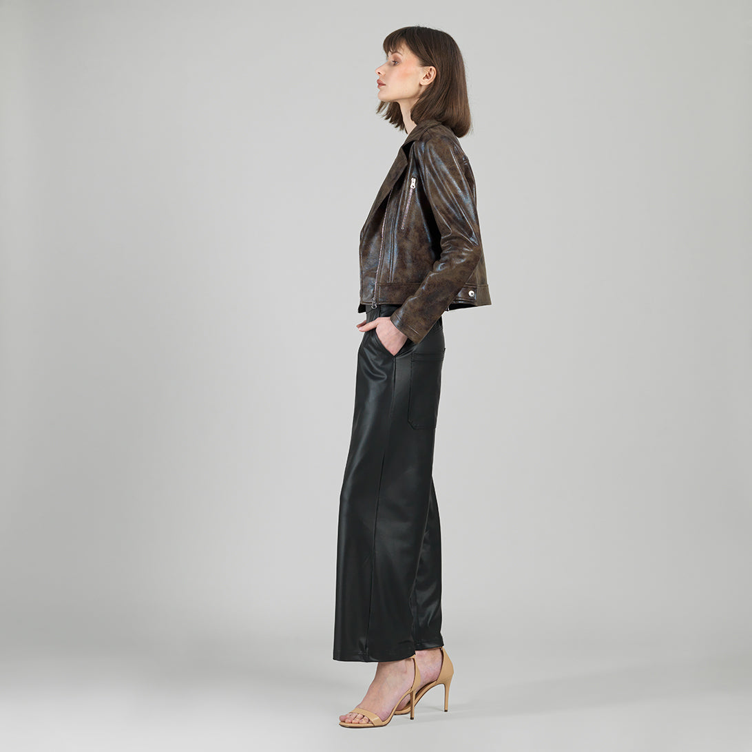 Clara Sunwoo Featured - Vegan Leather - Distressed Zip Cuff Moto Waist Jacket - Brown - Final Sale