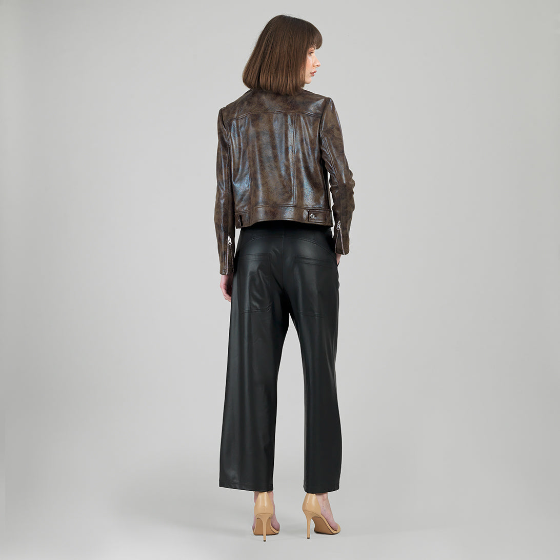 Clara Sunwoo Featured - Vegan Leather - Distressed Zip Cuff Moto Waist Jacket - Brown - Final Sale