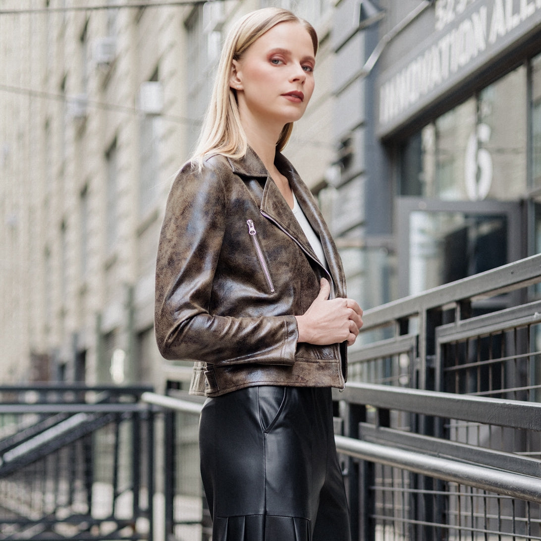 Clara Sunwoo Featured - Vegan Leather - Distressed Zip Cuff Moto Waist Jacket - Brown - Final Sale
