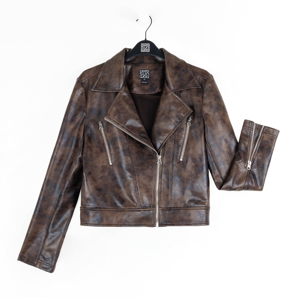 Clara Sunwoo Featured - Vegan Leather - Distressed Zip Cuff Moto Waist Jacket - Brown - Final Sale
