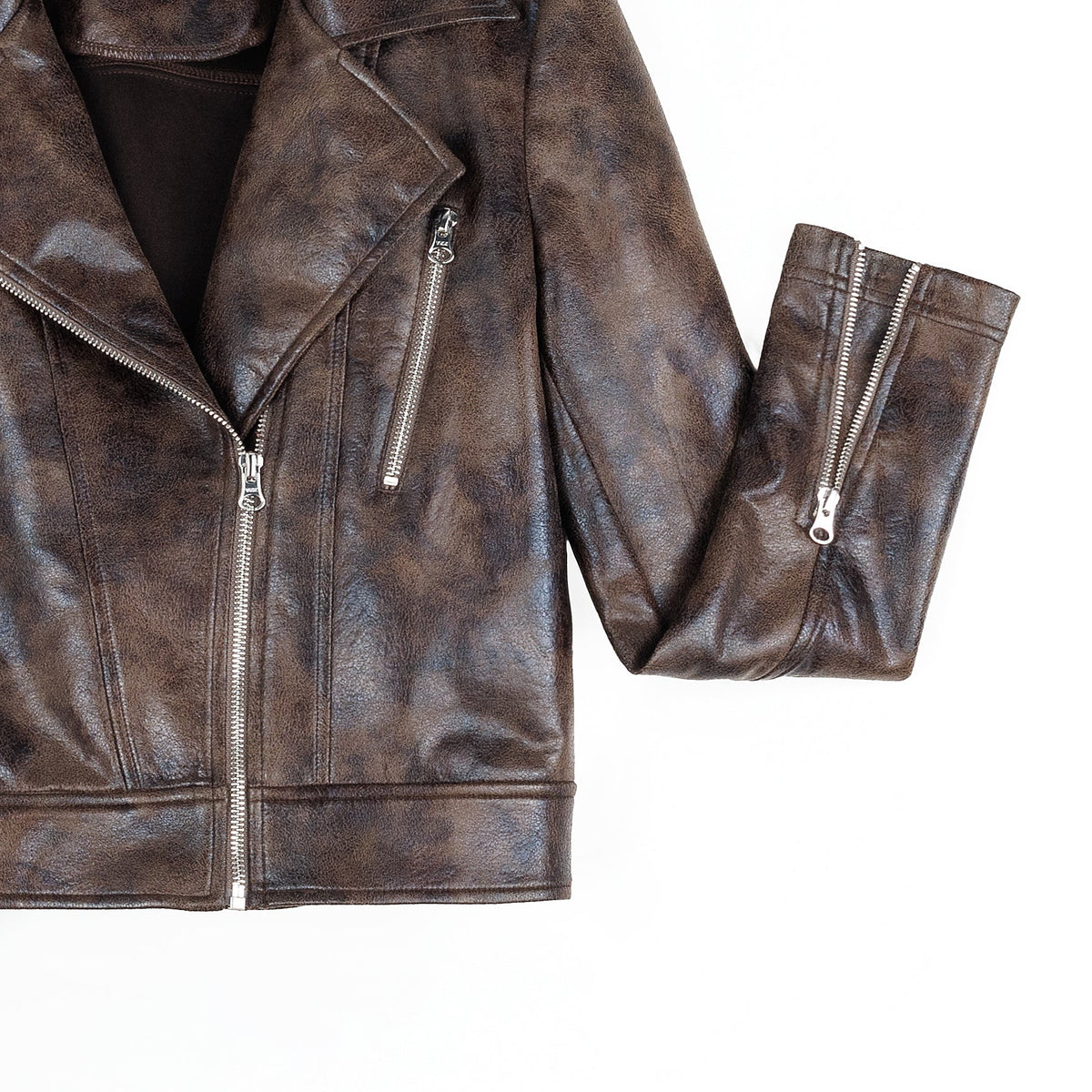 Clara Sunwoo Featured - Vegan Leather - Distressed Zip Cuff Moto Waist Jacket - Brown - Final Sale