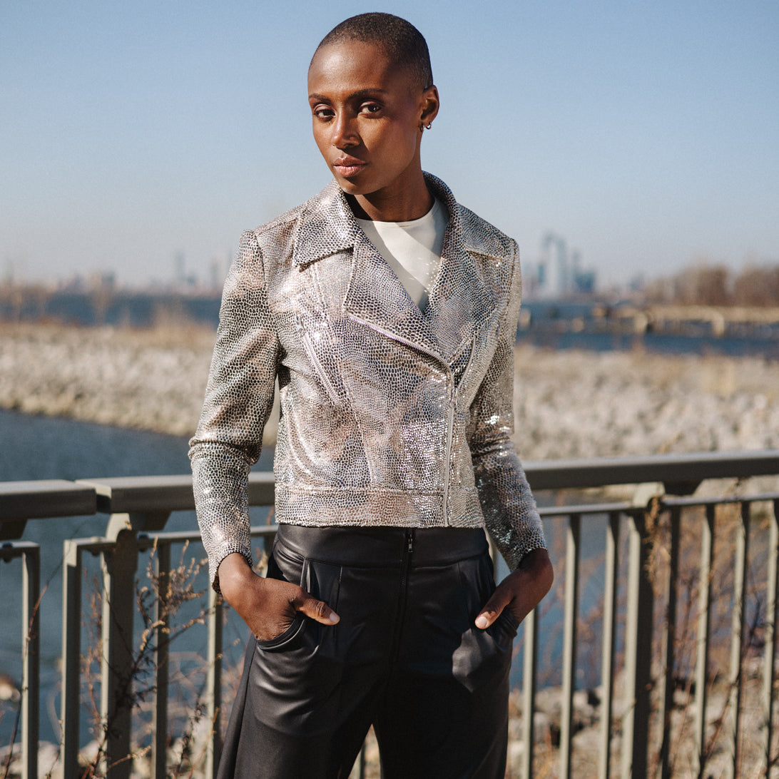 Clara Sunwoo Best Seller - Sequin Knit - Moto Waist Jacket - Champagne - Final Sale