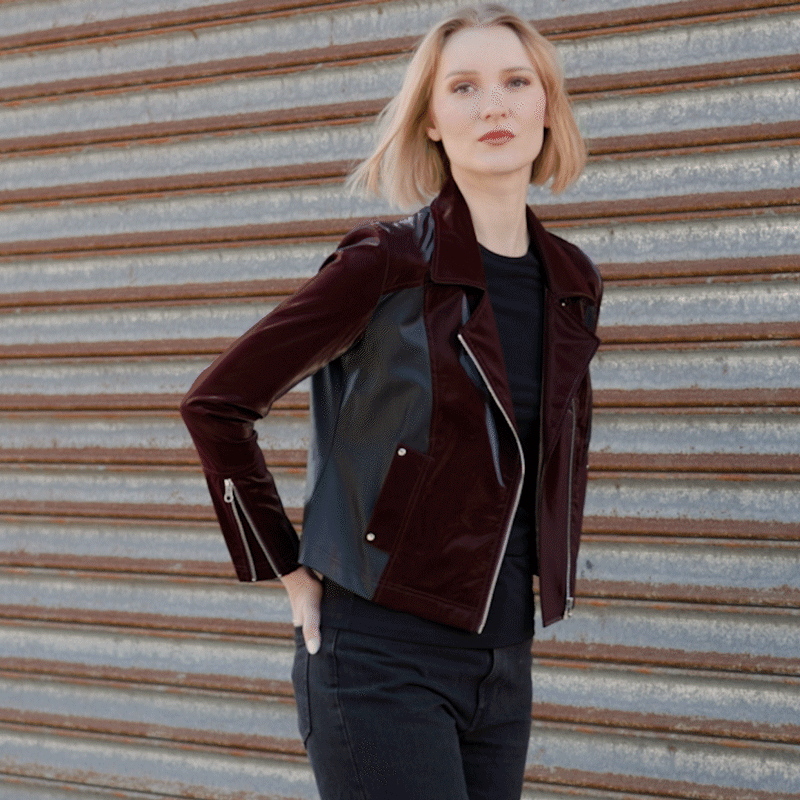 Clara Sunwoo Sale - Vinyl + Liquid Leather™ Panel Zip Cuff Pocket Jacket - Mulberry - Final Sale