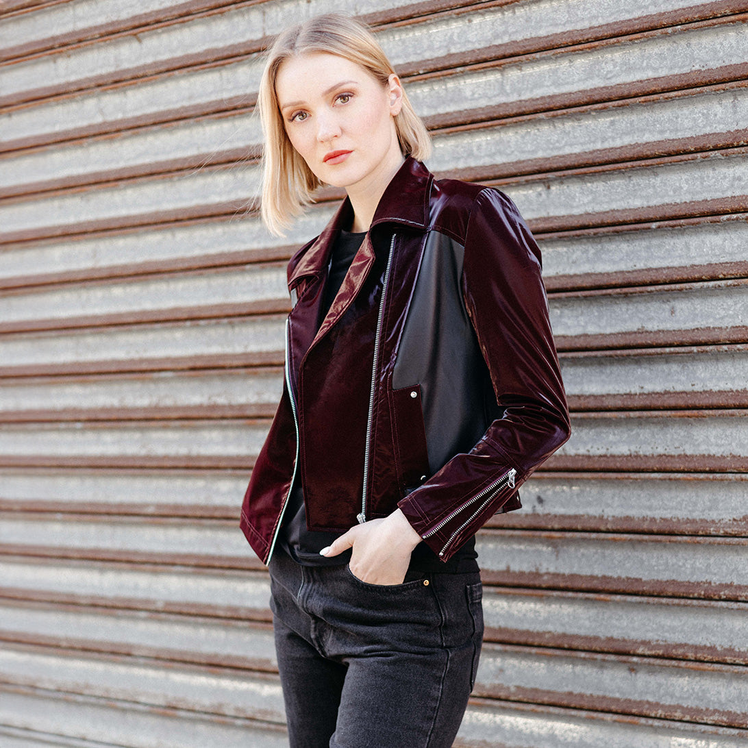Clara Sunwoo Sale - Vinyl + Liquid Leather™ Panel Zip Cuff Pocket Jacket - Mulberry - Final Sale