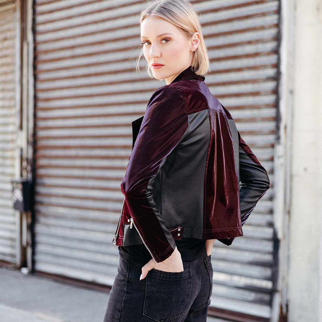 Clara Sunwoo Sale - Vinyl + Liquid Leather™ Panel Zip Cuff Pocket Jacket - Mulberry - Final Sale