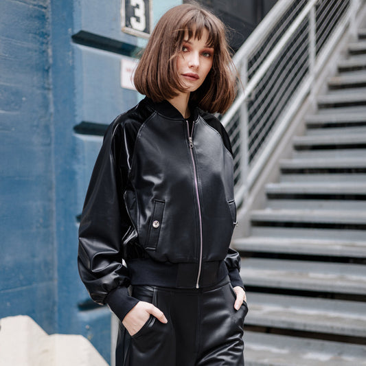 Clara Sunwoo Latest - Liquid Leather™ + Vinyl Panel Varsity Bomber Jacket - Black - Final Sale