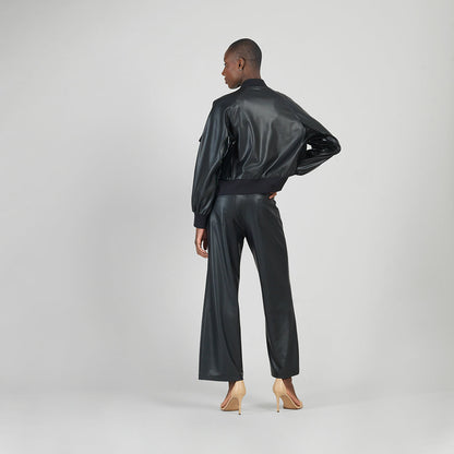 Clara Sunwoo Latest - Liquid Leather™ + Vinyl Panel Varsity Bomber Jacket - Black - Final Sale