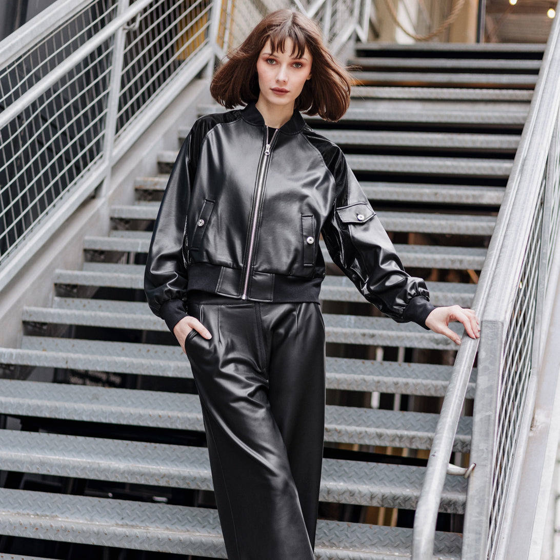 Clara Sunwoo Latest - Liquid Leather™ + Vinyl Panel Varsity Bomber Jacket - Black - Final Sale