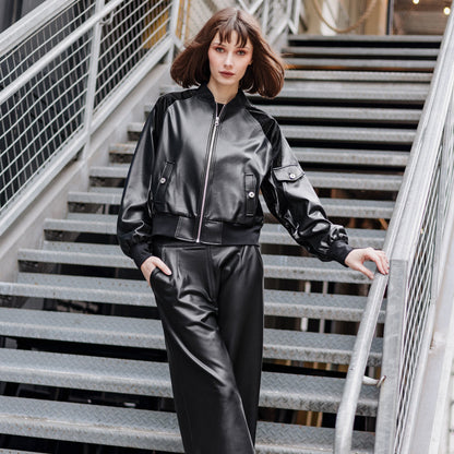Clara Sunwoo Latest - Liquid Leather™ + Vinyl Panel Varsity Bomber Jacket - Black - Final Sale