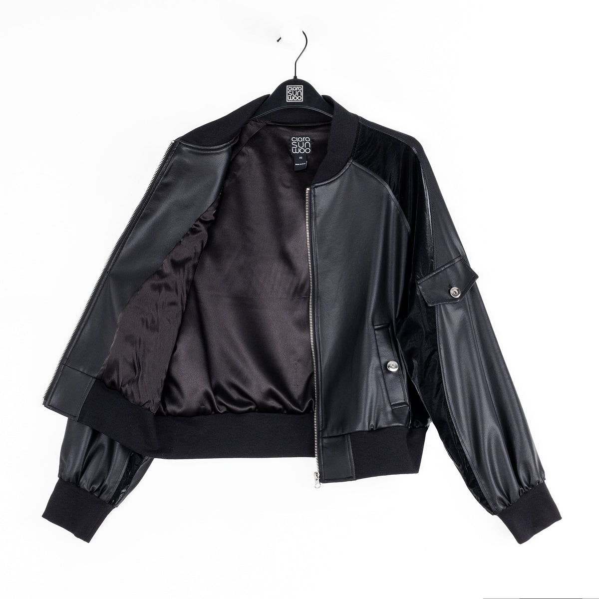 Clara Sunwoo Latest - Liquid Leather™ + Vinyl Panel Varsity Bomber Jacket - Black - Final Sale
