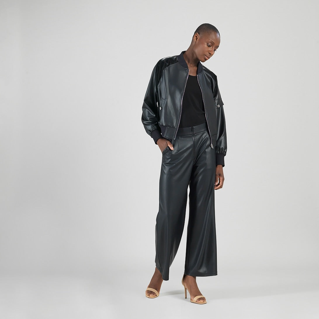 Clara Sunwoo Latest - Liquid Leather™ + Vinyl Panel Varsity Bomber Jacket - Black - Final Sale