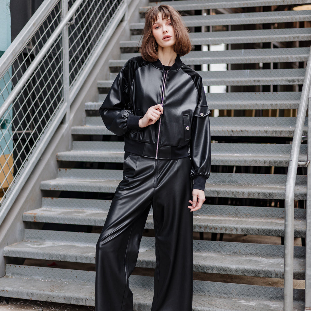 Clara Sunwoo Latest - Liquid Leather™ + Vinyl Panel Varsity Bomber Jacket - Black - Final Sale