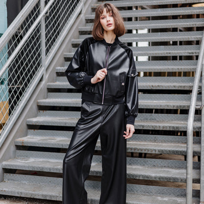 Clara Sunwoo Latest - Liquid Leather™ + Vinyl Panel Varsity Bomber Jacket - Black - Final Sale