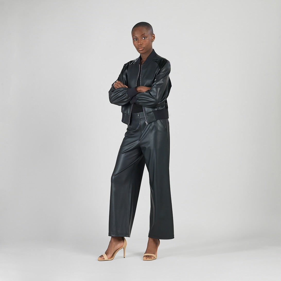 Clara Sunwoo Latest - Liquid Leather™ + Vinyl Panel Varsity Bomber Jacket - Black - Final Sale