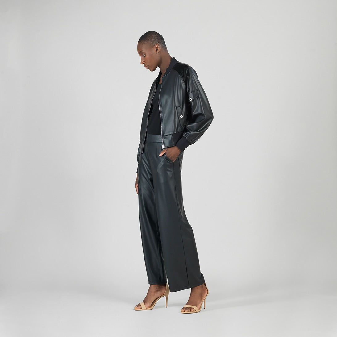 Clara Sunwoo Latest - Liquid Leather™ + Vinyl Panel Varsity Bomber Jacket - Black - Final Sale