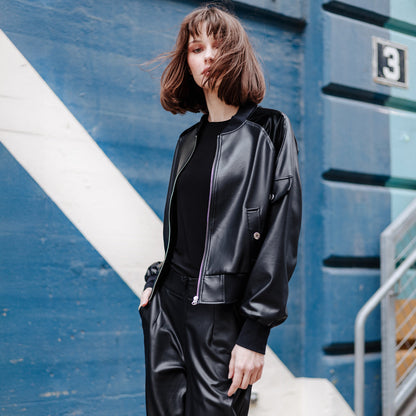 Clara Sunwoo Latest - Liquid Leather™ + Vinyl Panel Varsity Bomber Jacket - Black - Final Sale