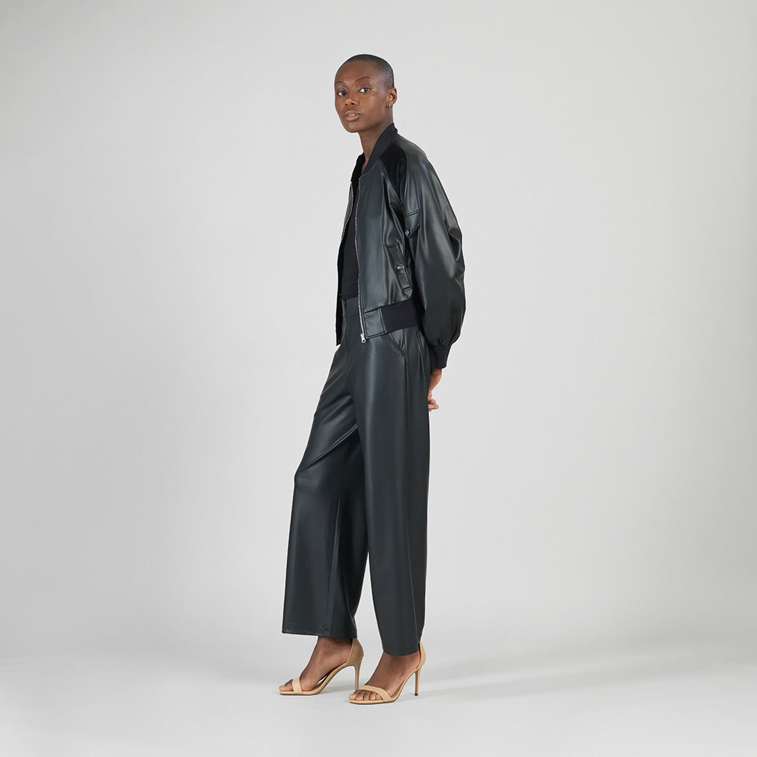 Clara Sunwoo Latest - Liquid Leather™ + Vinyl Panel Varsity Bomber Jacket - Black - Final Sale