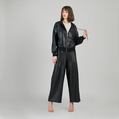 Clara Sunwoo Popular - Liquid Leather™ Hooded Drawstring Track Jacket - Black