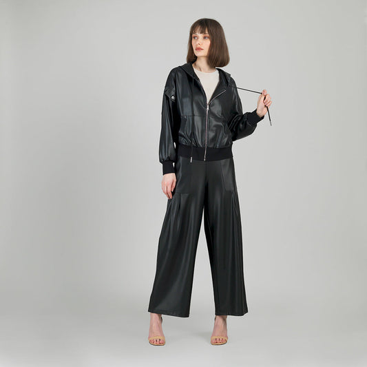 Clara Sunwoo Popular - Liquid Leather™ Hooded Drawstring Track Jacket - Black