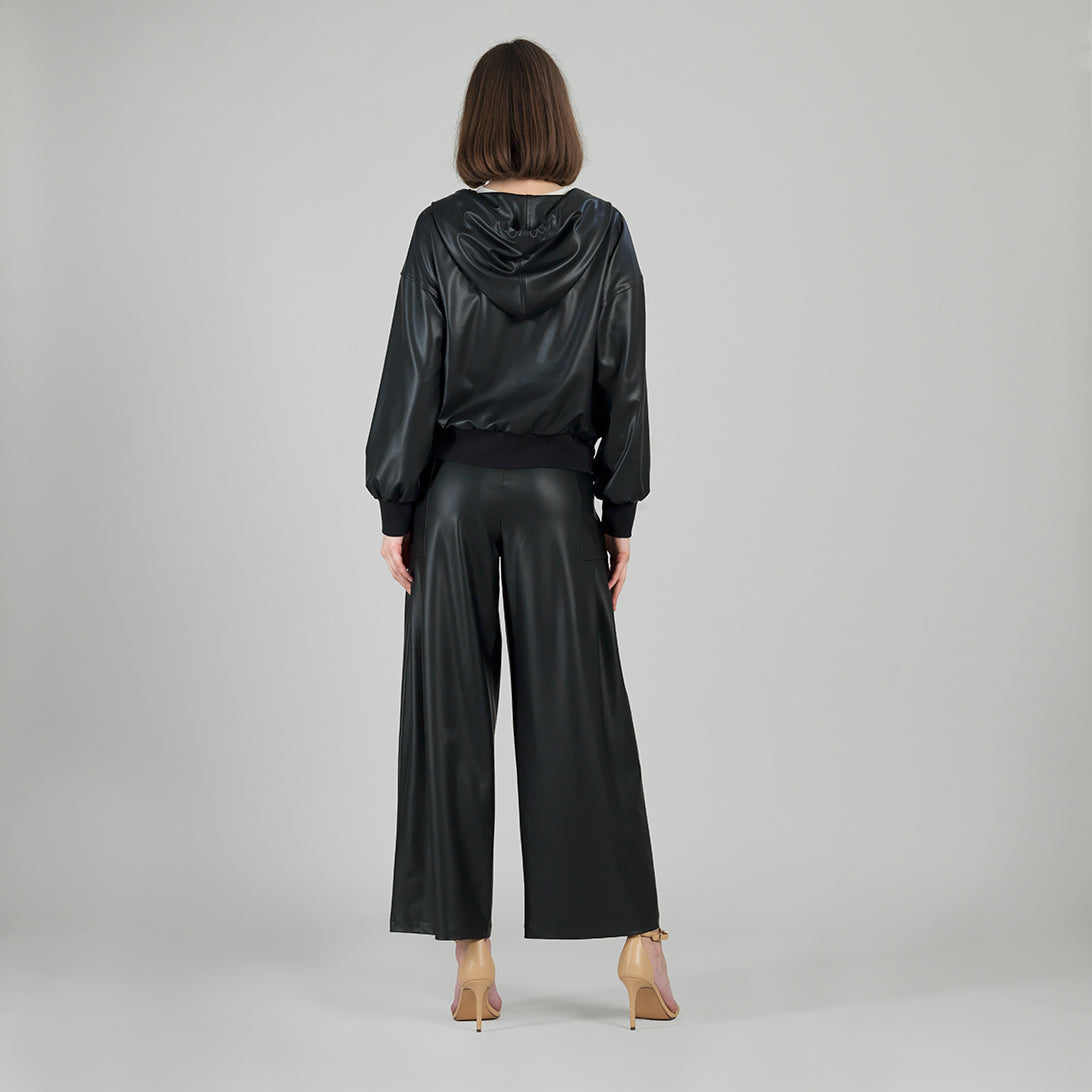 Clara Sunwoo Popular - Liquid Leather™ Hooded Drawstring Track Jacket - Black